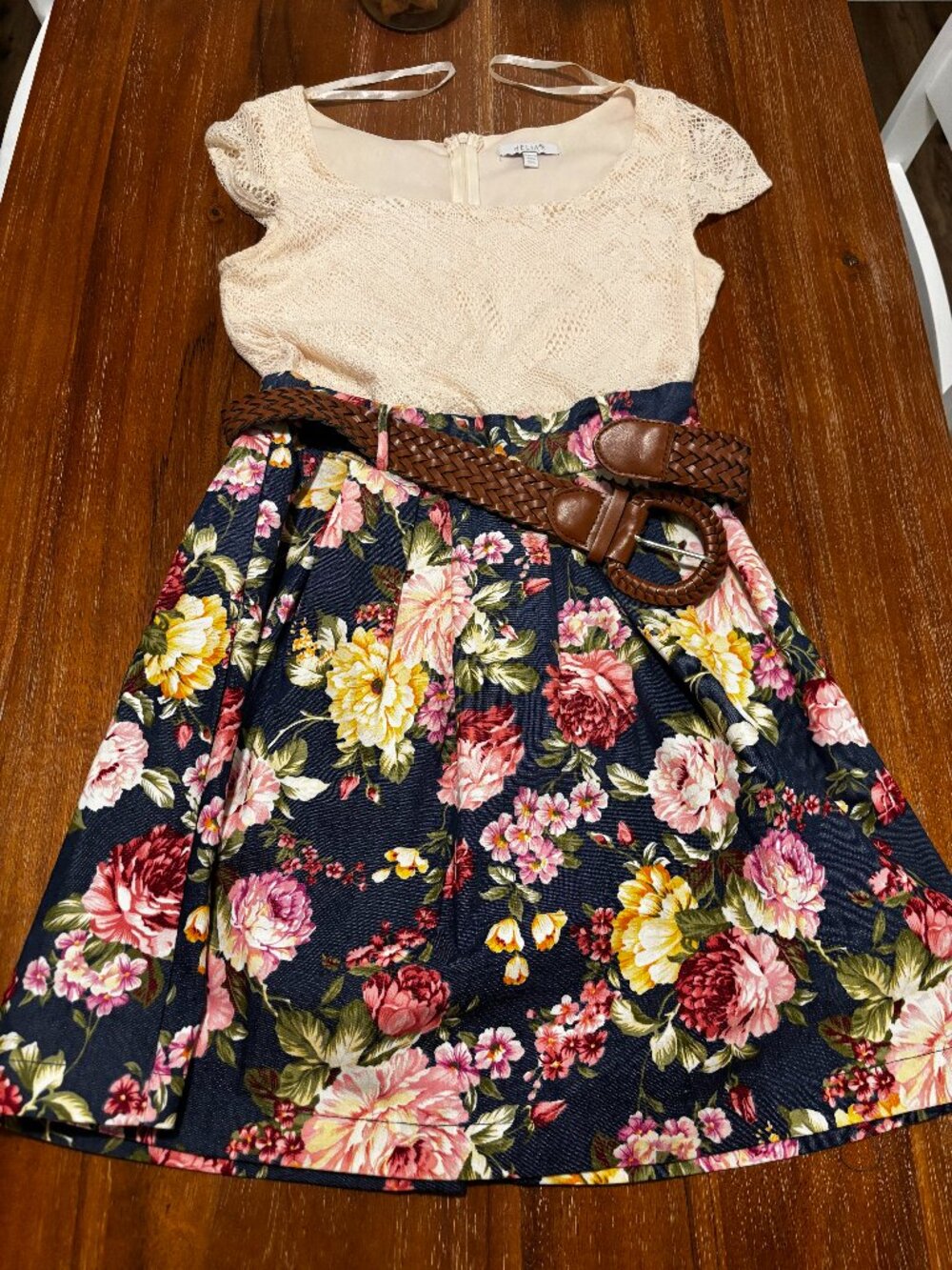 dELiA*s Floral Lace Top Dress Navy Blue Pink Yellow Mini Skater Dress Size 5/6